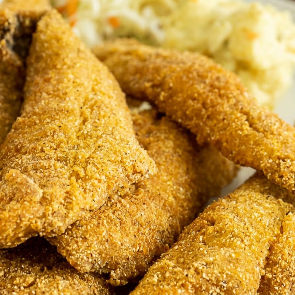 A plate of golden, crispy breaded fried fish fillets served with a creamy side dish.