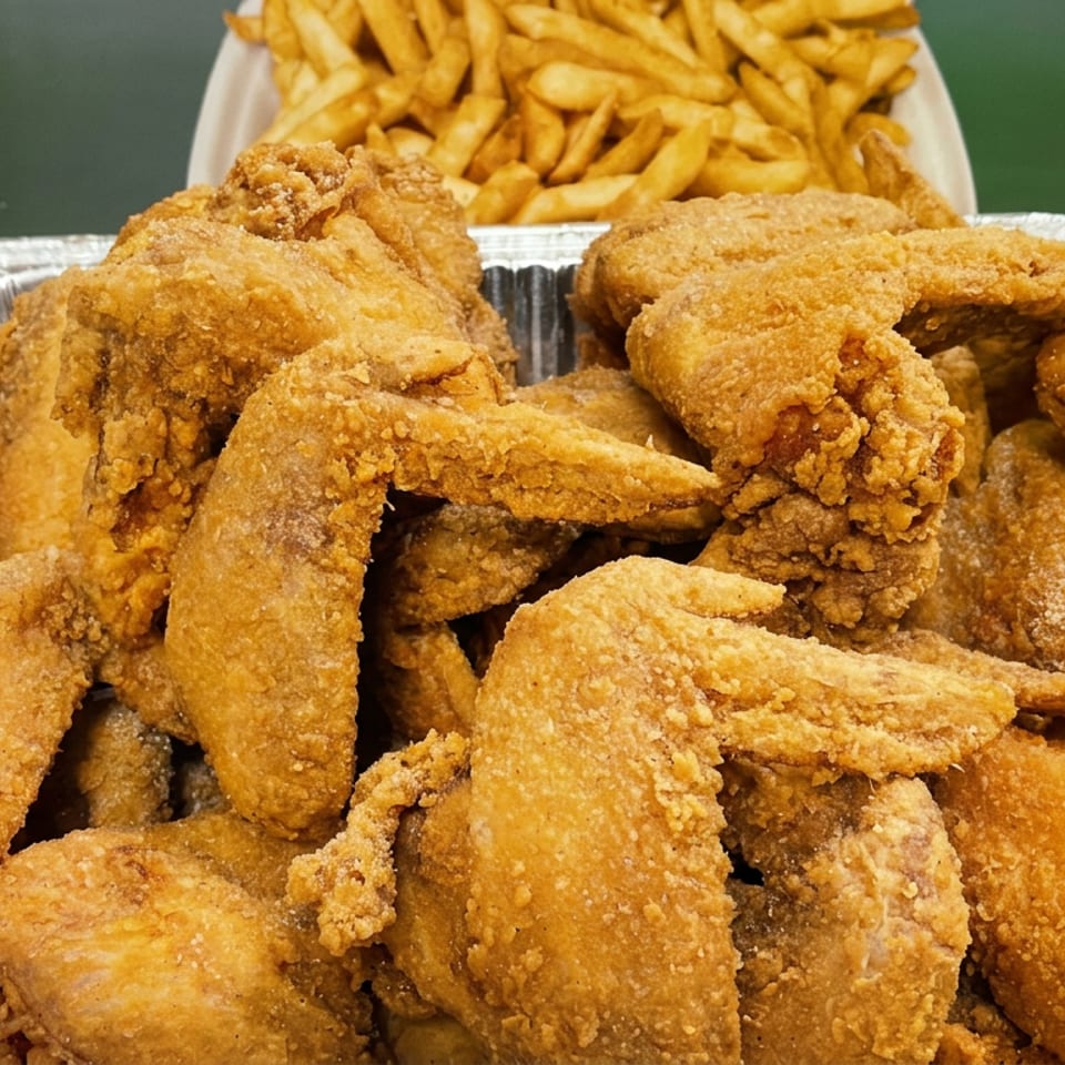 Crispy fried chicken pieces piled in a foil tray with golden French fries behind them.