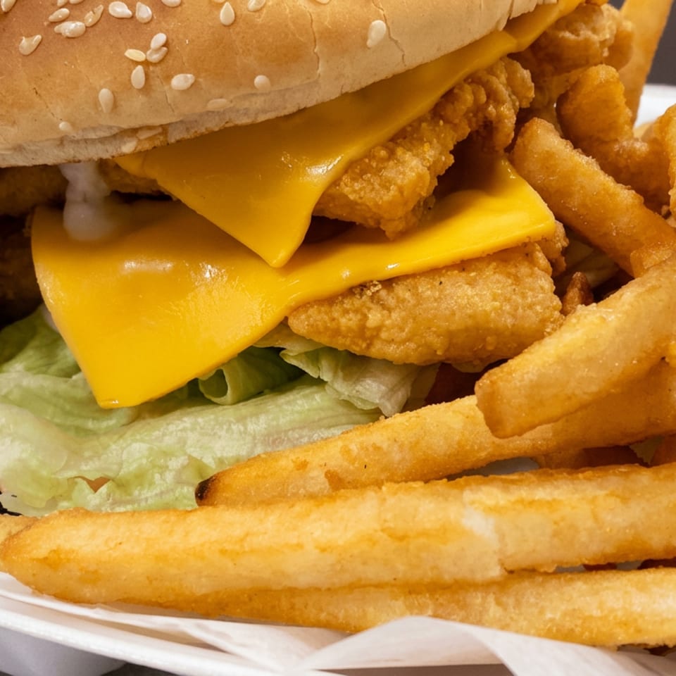 Close-up of a crispy chicken sandwich with lettuce and melted cheddar cheese, served with golden fries.