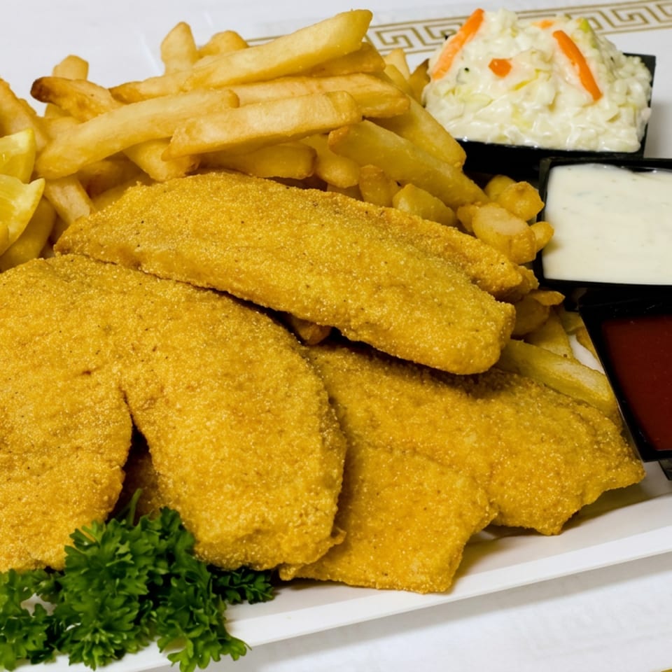 Platter of breaded fish fillets with fries, lemon wedges, coleslaw, tartar sauce, ketchup, and parsley garnish.