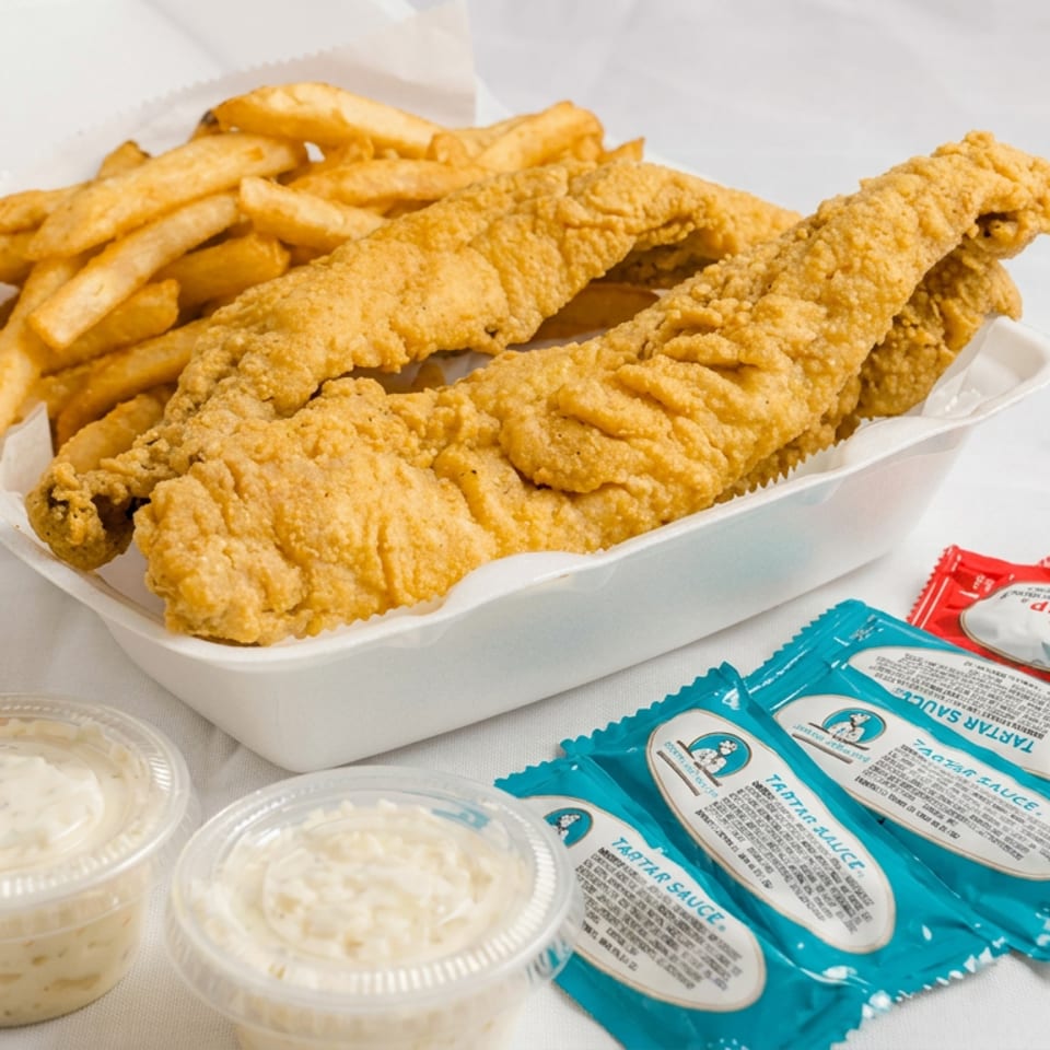 Crispy battered fish and fries in a takeout tray, accompanied by tartar sauce, ketchup, and mustard packets.