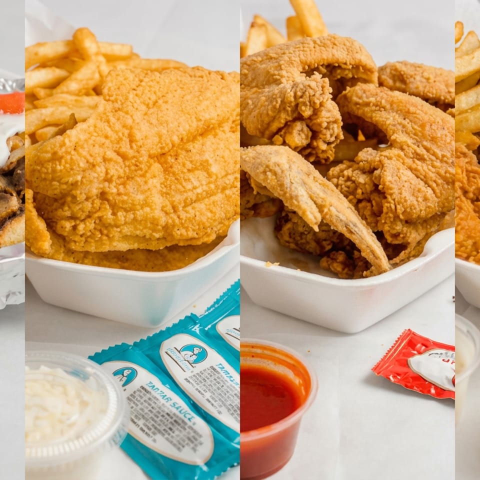 Collage of fries, a loaded gyro, fried seafood, and crispy chicken served with dipping sauces.